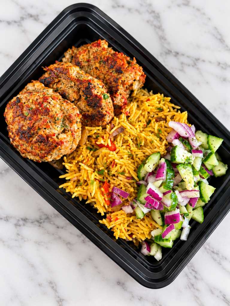Chicken Kebab, Spicy Rice, Cucumber Salad & Mint Yogurt