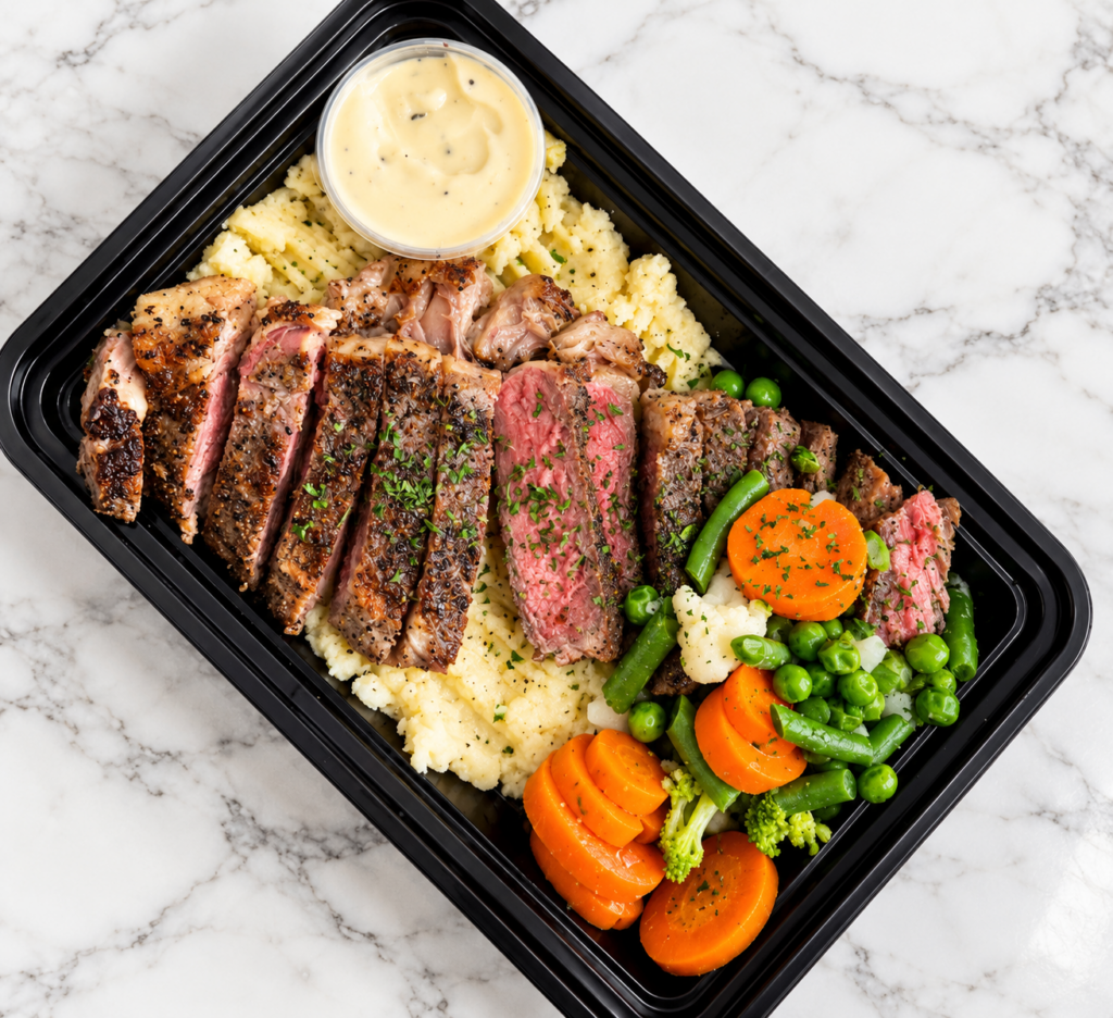 Sirloin Steak, Creamy Mash & Potatoes, Country Veg & Peppercorn Sauce